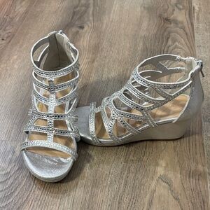 Copper Key Silver Rhinestone Strappy Wedge Sandals - Kids